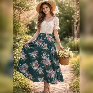 April Cornell Floral Maxi Wrap Skirt Medium Green Cottagecore Boho